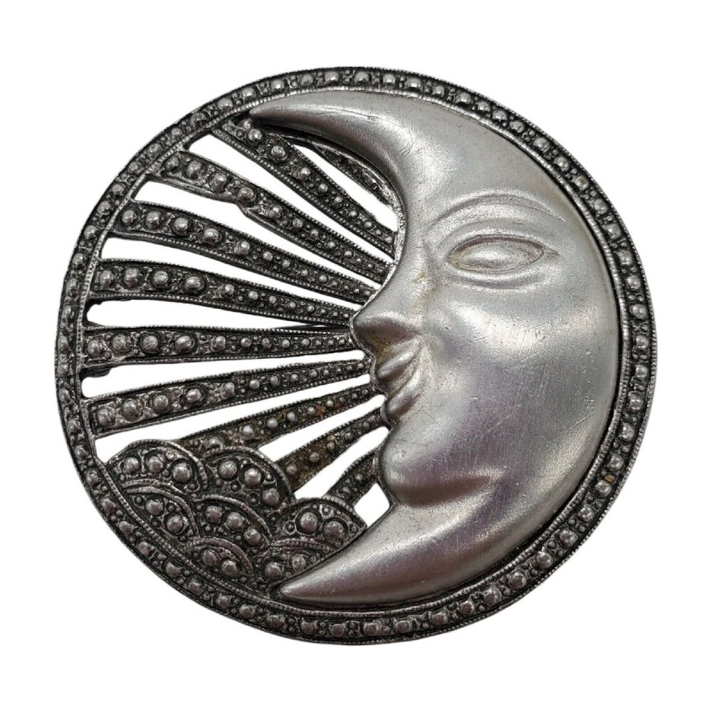 Vtg Man in the Moon Brooch Pin Signed Tona Pewter Silver Tone Faux Marquisite - Picture 2 of 9